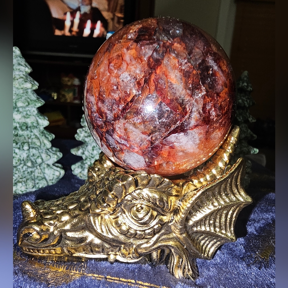 228g, Ancient Gold Tone Dragon Head Sphere Holder, holds spheres 🔺️3" Diameter